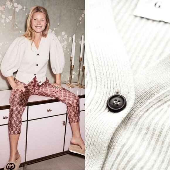 G. Label by GOOP Foster Ribbed Puff Sleeve Cardigan Sweater Ivory Merino Wool - Picture 1 of 11